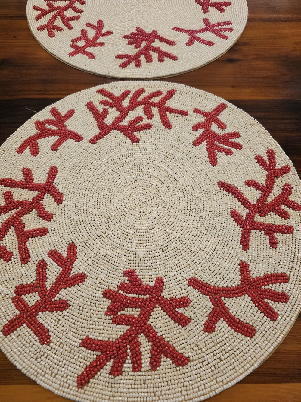 Pier 1 Cream and Red Coral Beaded Round Placemats (Set of 2)